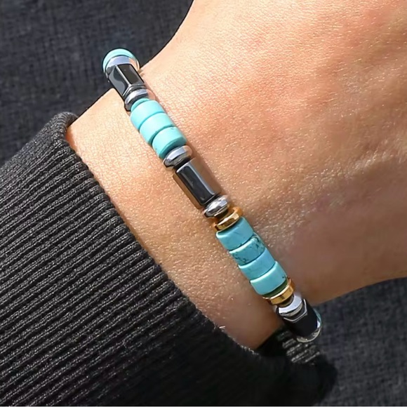 Retro Blue Stone Beaded Mens Bracelet - Picture 4 of 6
